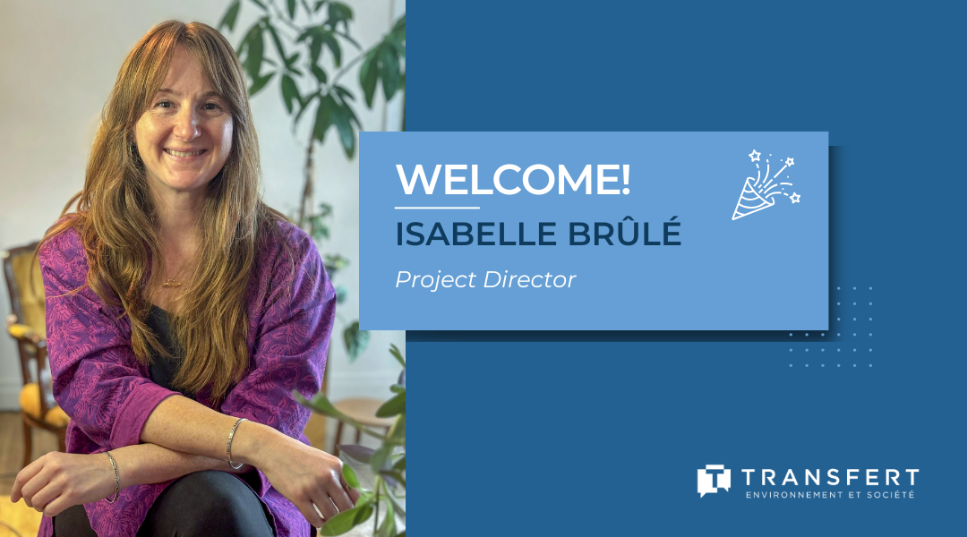 Visual with Isabelle Brule's profesionnal picture. The visual bids hes welcome to Transfert.